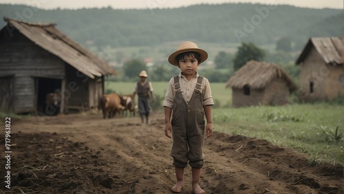 Portrait of a child as a farmer on poor village background from Generative AI