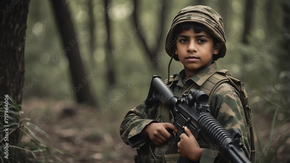 Portrait of an arab child soldier on camouflage uniform and forest background from Generative AI