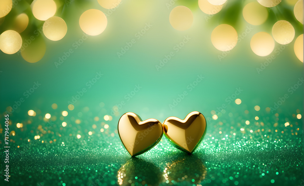 Fototapeta premium Two small gold heart on a sparkling soft green background, Valentine's Day, Christmas. Generative AI