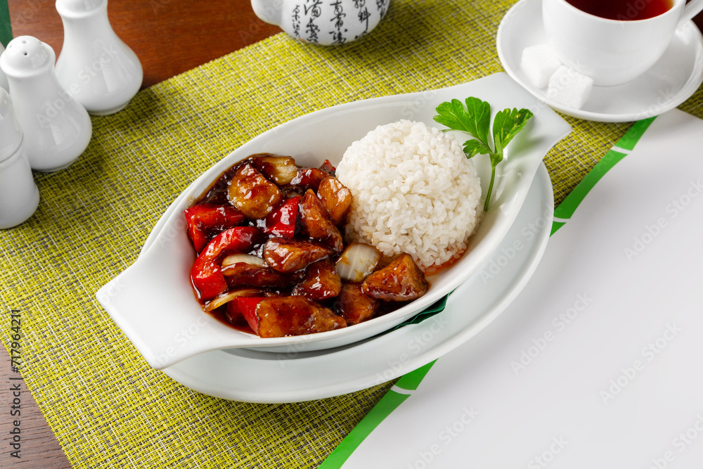 Fried eggplant in teriyaki sauce with rice. Lunch. Fried eggplant in teriyaki sauce with rice. Lunch.