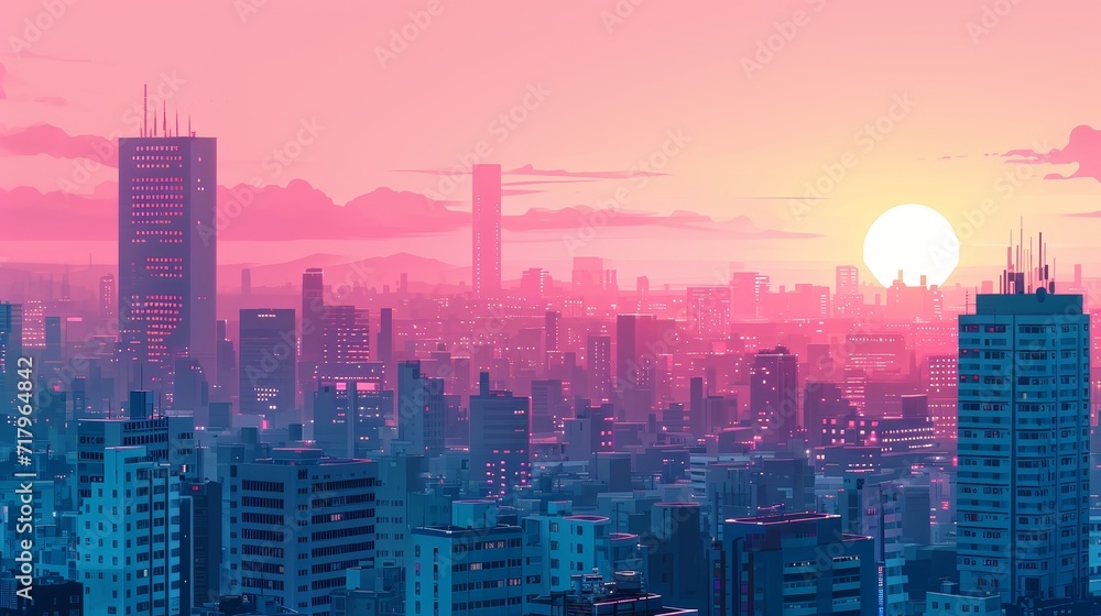 Beautiful anime-style illustration of a city skyline at twilight