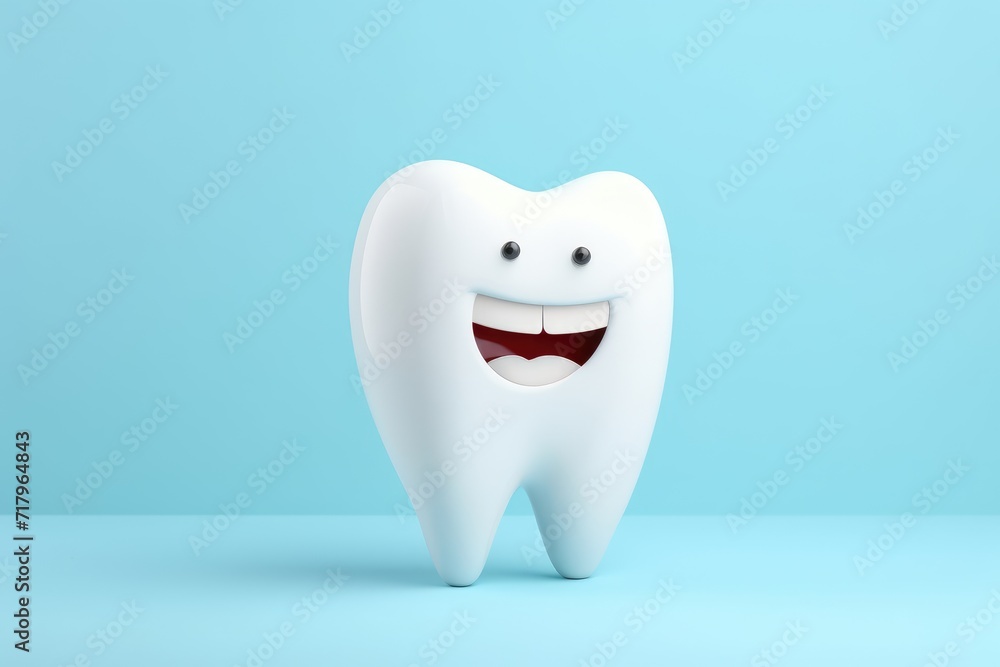 Smiling Cartoon Tooth Character on a Light Blue Background Illustrating Dental Health Smiling Cartoon Tooth Character on a Light Blue Background Illustrating Dental Health