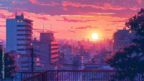 Beautiful anime-style illustration of a city skyline at twilight