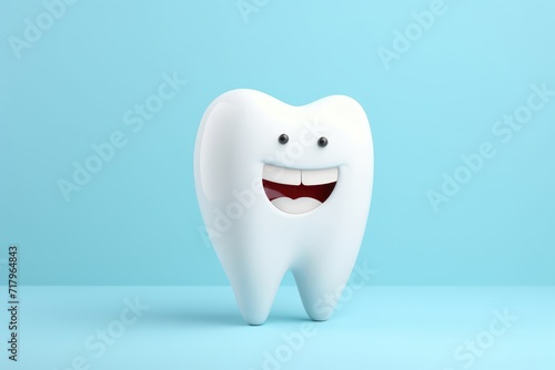Smiling Cartoon Tooth Character on a Light Blue Background Illustrating Dental Health