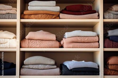 Stacks of colorful clothes on the shelf. generative AI