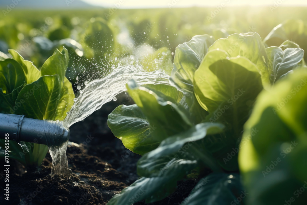 A smart irrigation system in a modern agricultural landscape, minimizing water usage while maximizing crop yield - obrazy, fototapety, plakaty 
