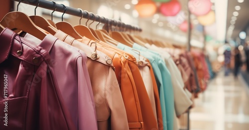 Rows of colorful clothes in the shop. generative AI