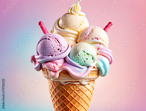 Pop Art Ice Cream Sundae - Photorealistic Illustration with Sensational Swirls of Gradient Ice Cream Gen AI photo