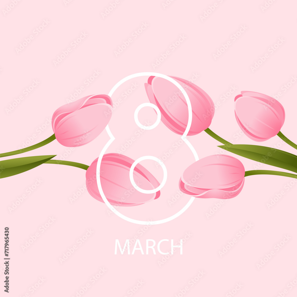 Background for March 8. Pink tulips with number 8. Happy International Women's Day. Vector illustration.