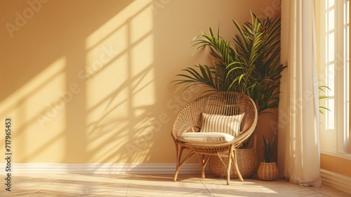 Interior of a bright spacious room with sunny days on the wall. Apartment with an empty wall, a chair and an indoor flower - palm tree. Interior Design.