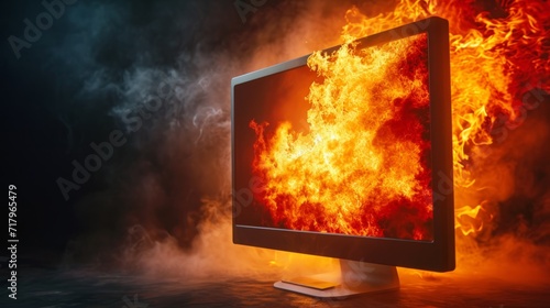 Modern Computer monitor Computing Device in fire flying on the black background. Horizontal Illustration. Innovative Technology. Ai Generated Illustration with Modern Powerful Computer monitor.