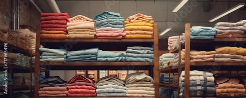 Stack of colorful fabrics on the shelf. generative AI photo