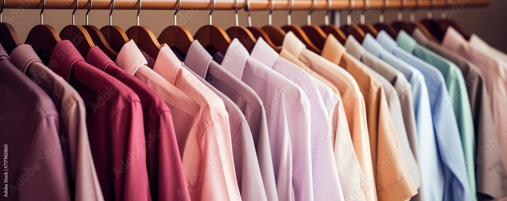 Rows of colorful clothes hanging on the shelves. generative AI Rows of colorful clothes hanging on the shelves. generative AI