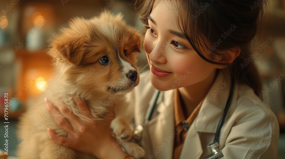 A veterinarian is treating a puppy in the clinic. A veterinarian is treating a puppy in the clinic.