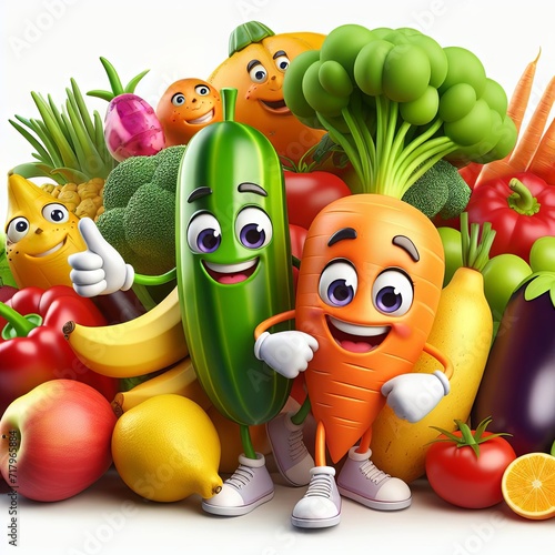 3D cartoon funny vegetables cucumber carrot apple tomato .