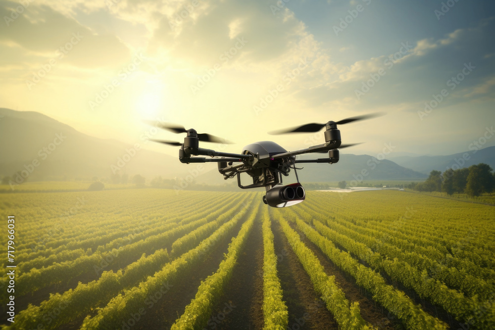 Agriculture drone flying over farmland. High technology innovations and smart farming Agriculture drone flying over farmland. High technology innovations and smart farming