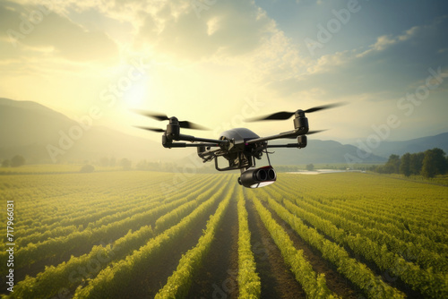 Agriculture drone flying over farmland. High technology innovations and smart farming