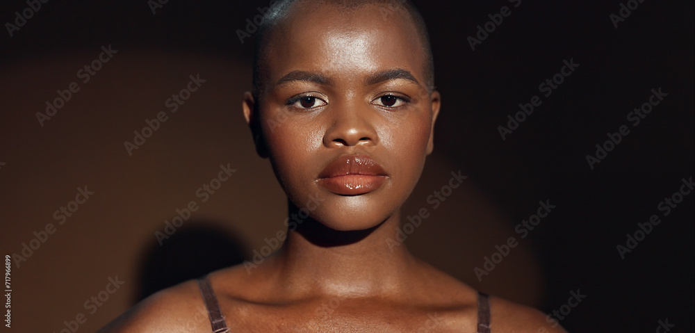 Face, vision and beauty with a natural black woman on a dark background in studio for feminine wellness. Hands, skincare and thinking with a young model touching her body or skin in satisfaction - obrazy, fototapety, plakaty 