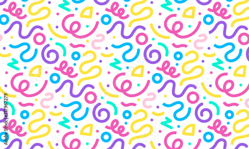 Colorful line doodle seamless background pattern. Fun and creative minimalist art background for kids. Simple childish trendy doodle backdrop.