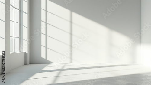 Abstract white studio background for product presentation. Empty room with shadows of window. Display product with blurred backdrop. Soft focus, Ai generated image