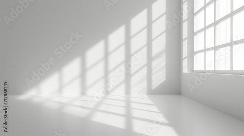Abstract white studio background for product presentation. Empty room with shadows of window. Display product with blurred backdrop. Soft focus, Ai generated image photo