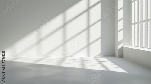 Abstract white studio background for product presentation. Empty room with shadows of window. Display product with blurred backdrop. Soft focus, Ai generated image