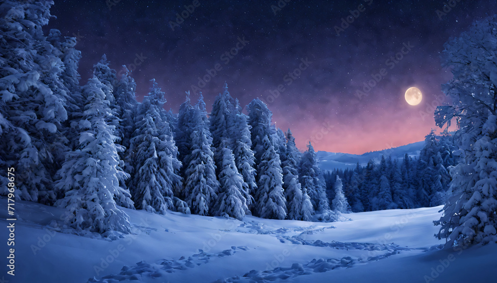 Fototapeta premium Winter landscape snow covered trees at night with a moon in clear sky, lens flares, organic texture