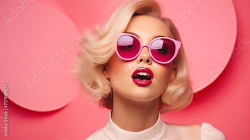 portrait of a blonde girl with sunglasses on pink