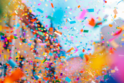 Rainbow confetti falling over a festive carnival parade, colorful background, Carnival