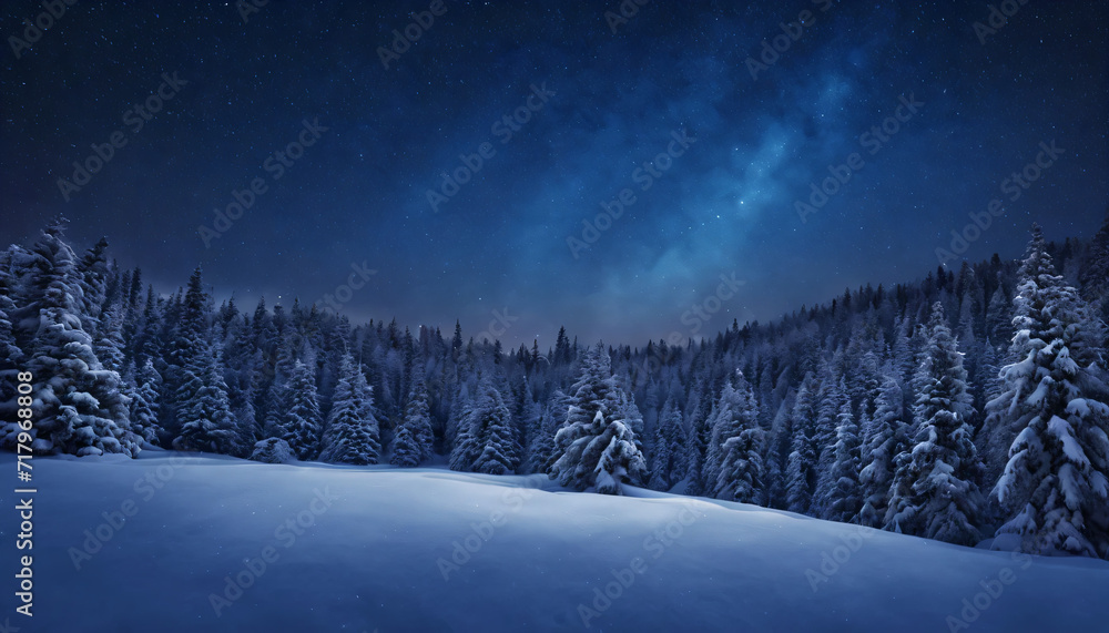 Winter landscape snow covered trees at night with clear sky, lens flares, organic texture Winter landscape snow covered trees at night with clear sky, lens flares, organic texture