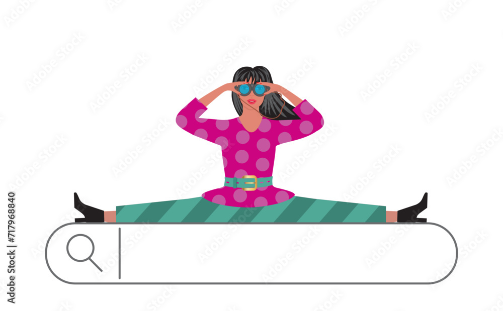 SEO, woman, girl in split postion while she is searching, looking through binoculars. Isolated. Vector illustration.