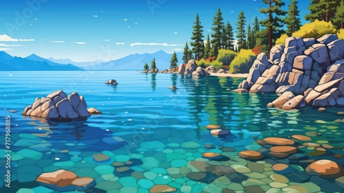 cartoon illustration clear blue lake surrounded by rocky shores and lush greenery. The calm waters reflect the sky  and the distant mountains provide a majestic backdrop.