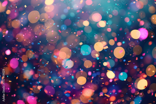 Sparkling confetti with a bokeh effect, resembling a carnival at night, colorful background, Carnival