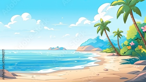 cartoon illustration of Landscape, nature vacation, ocean or sea seashore.