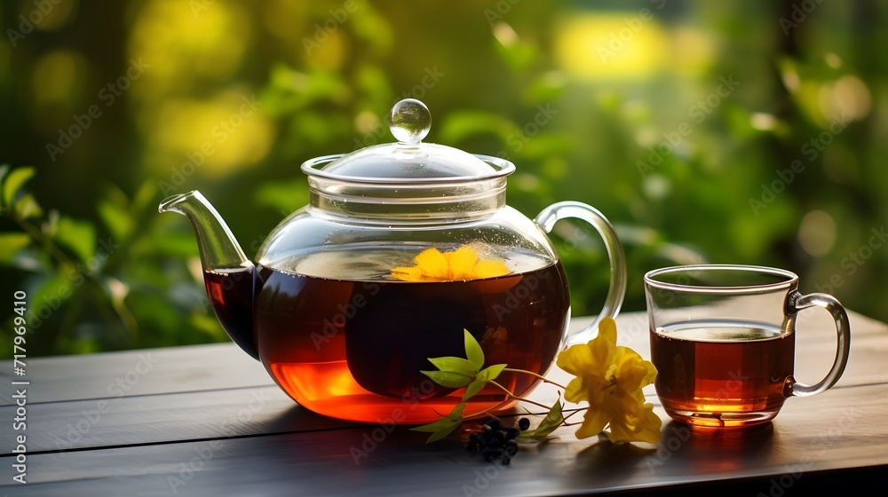 Black tea in glass cup and teapot on summer outdoor background. Copy space Black tea in glass cup and teapot on summer outdoor background. Copy space