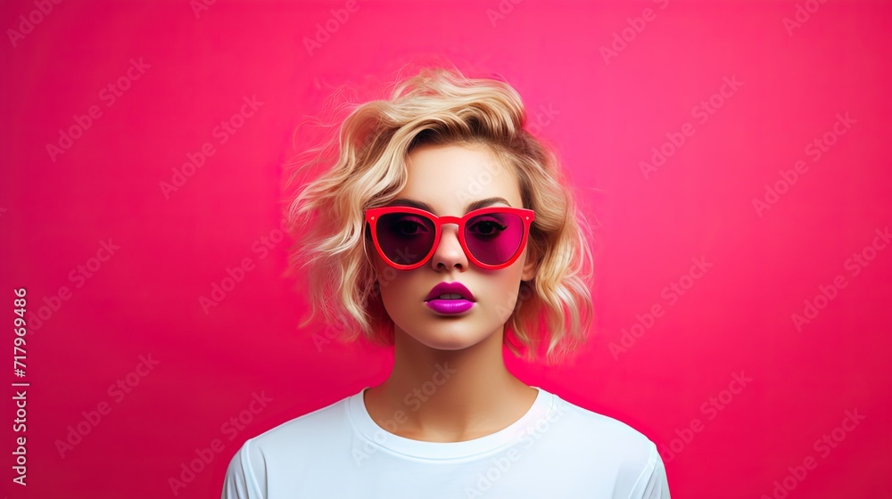 portrait of a woman with pink hair and sunglasses on pink portrait of a woman with pink hair and sunglasses on pink