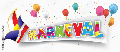 Karnevalbanner mit Elferratmütze, Luftballons und Konfetti
