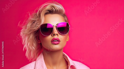 portrait of a woman with pink hair and sunglasses on pink