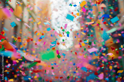 A blizzard of confetti over a lively street carnival, colorful background, Carnival
