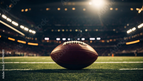 Pallone da football americano sul prato del campo dello stadio di una città americana la sera con le luci accese