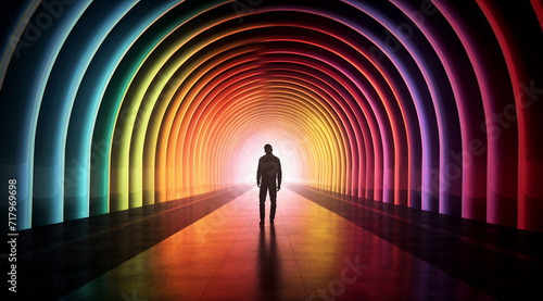 a man standing in a tunnel of colored lights with his back to the camera and his shadow on the floor  generative ai