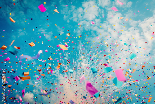 A confetti-filled sky above a carnival fireworks show, colorful background, Carnival © Denis Yevtekhov