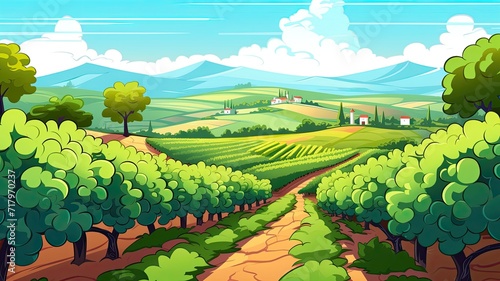 cartoon illustration of Landscape with of vineyard.