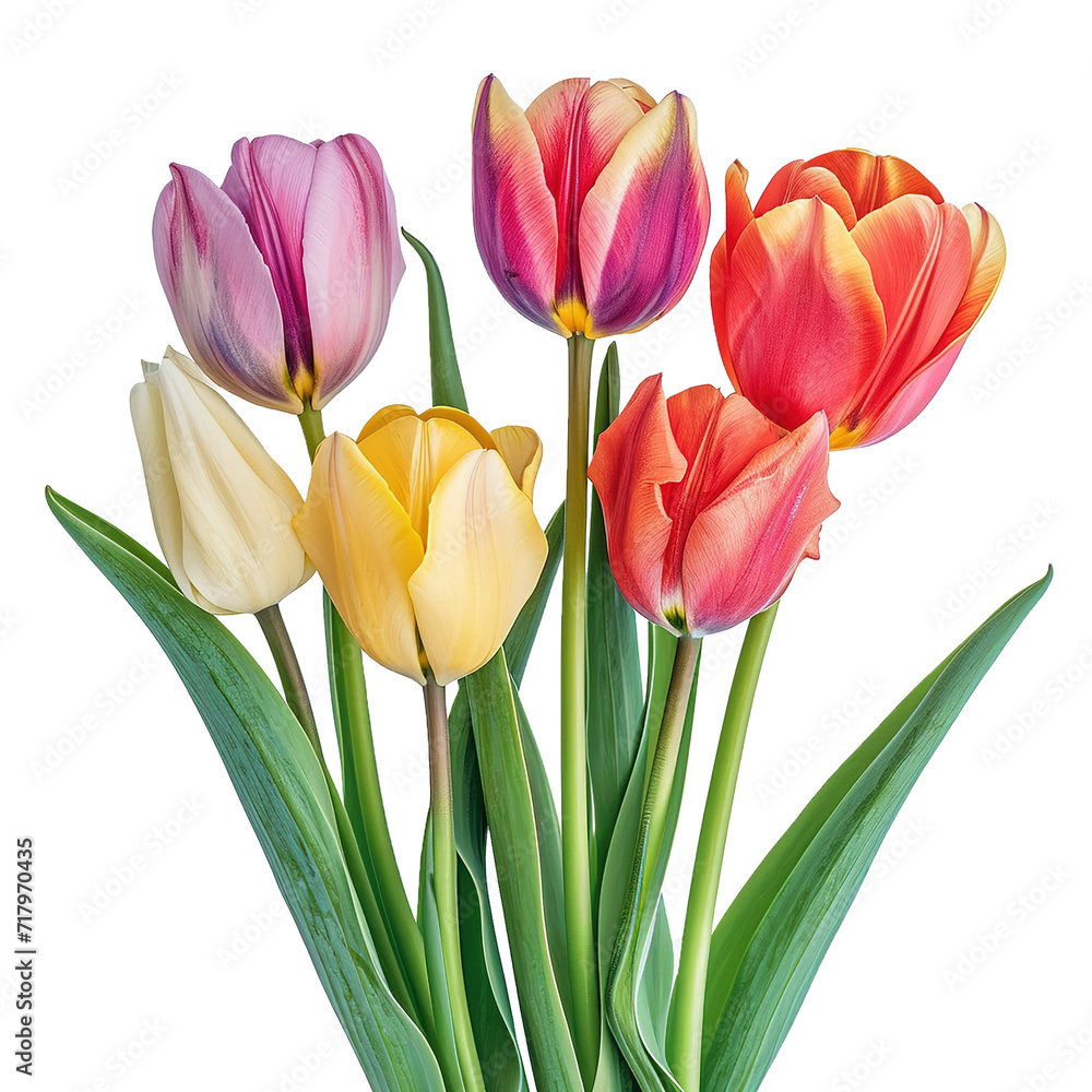 Set of different color tulip flowers isolated on white background.

