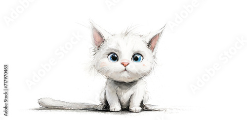 piccolo simpatico micetto bianco dallo sguardo imbarazzato, grandi occhioni, sfondo bianco