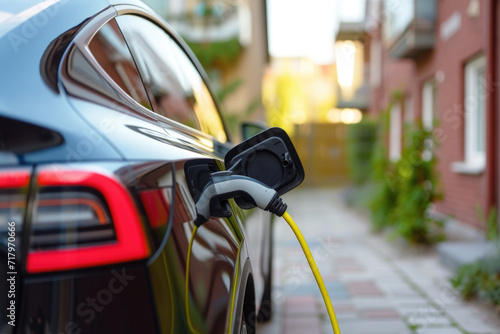 Close-up of an electric car. An EV hybrid car is charged from a wall box near the house.