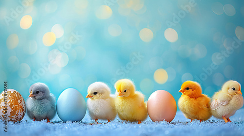 Canvas Print Easter banner, many cute little colorful chicks sitting next to eggs in line, ag