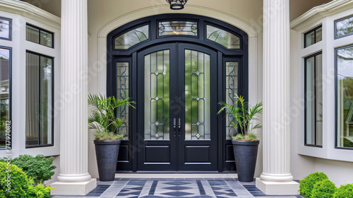 Fotografia Main door to the luxury house with spring decoration, beautiful elegant entrance