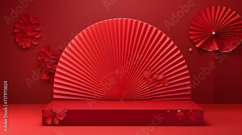 Chinese new year  Red podium display mockup on red abstract background with red hand paper fan  Stage for product minimal presentation  3d rendering.