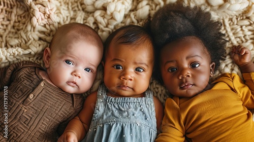 Diverse newborn babies lying, gazes confidently into the camera. Childhood innocence and diversity ethnicity, children